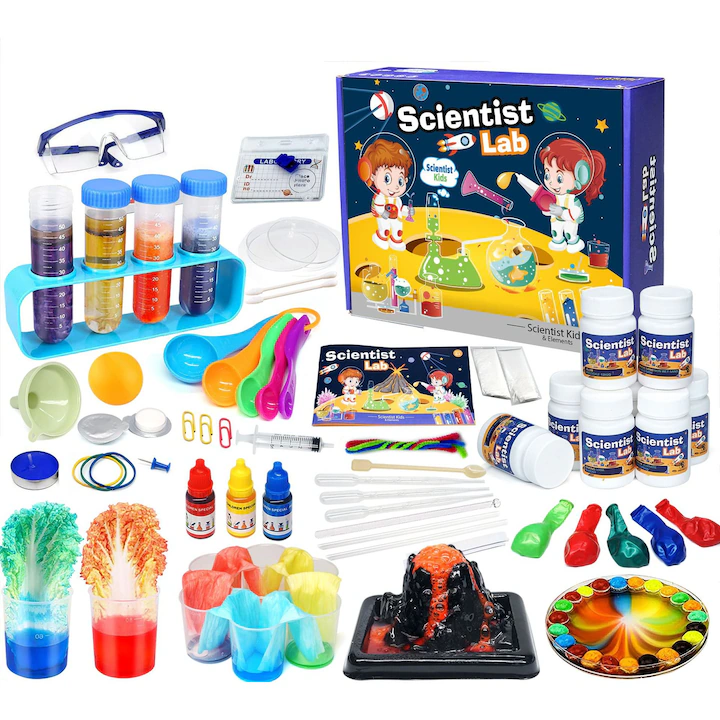 Set de joaca educativ laborator de stiinta,72 de Experimente, Instructiuni in limba Romana, Ochelari de Siguranta, Multiple Accesorii, Reutilizabile, Portabil, Usor de utilizat, ８ ani +, Multicolor