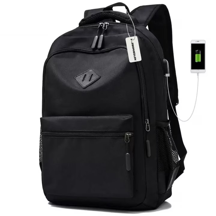 Rucsac scoala, NEVERMORE, Rezistent la Apa, Compartiment laptop dimesiune pana la 17”, cu port de incarcare USB, 46x31x16 cm