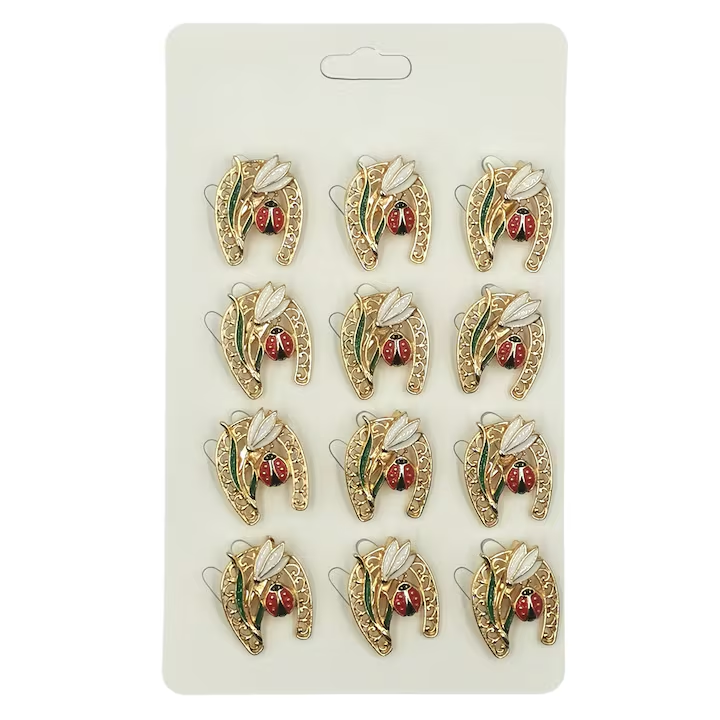 Set 12 brose pentru martisor, NEVERMORE, potcoava cu buburuza, Auriu