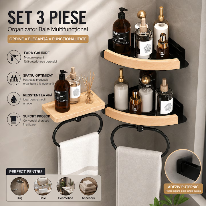 Set 3 Rafturi Colt Baie cu Suport Prosop, Fara Gaurire, Organizator de Perete pentru Sampon si Cosmetice, Antirugina, Negru