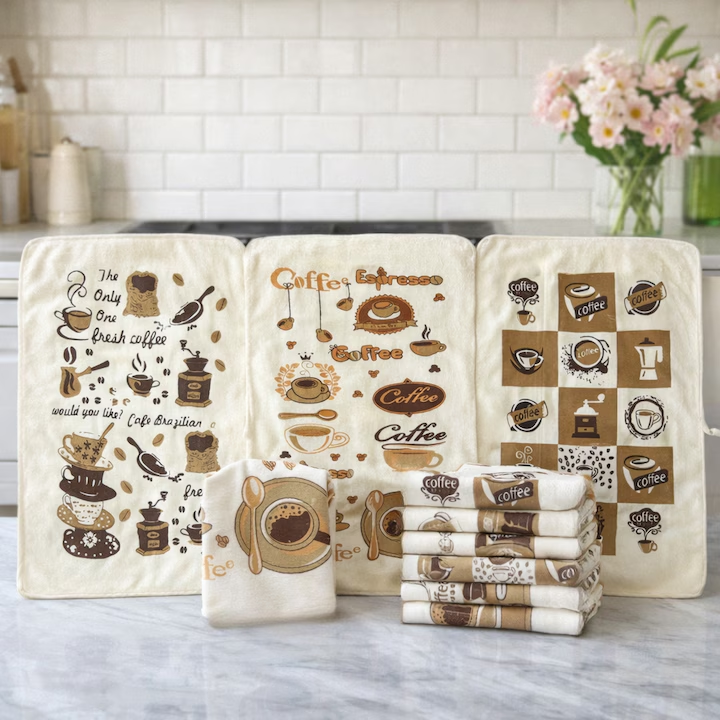 Set 6 Prosoape de bucatarie, NEVERMORE, 40 x 60 cm, Microfibra, Densitate 340g/mp, Model Cafea, prosop maini, Crem/Maro