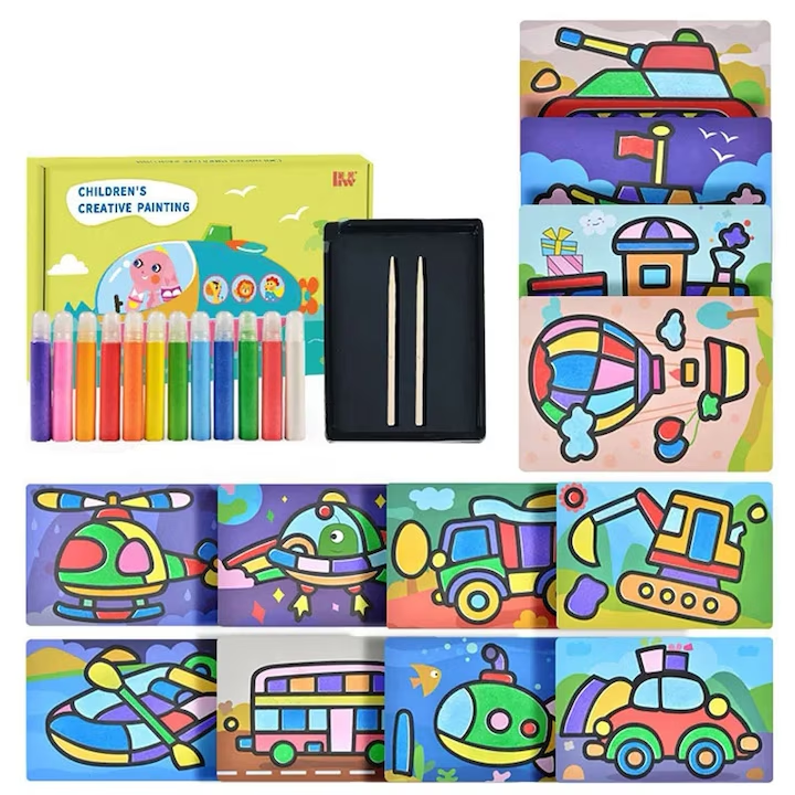 Set jucarie creativa Pictura cu nisip colorat, NEVERMORE, 12 culori de nisip si 12 Pictura cu vehicule