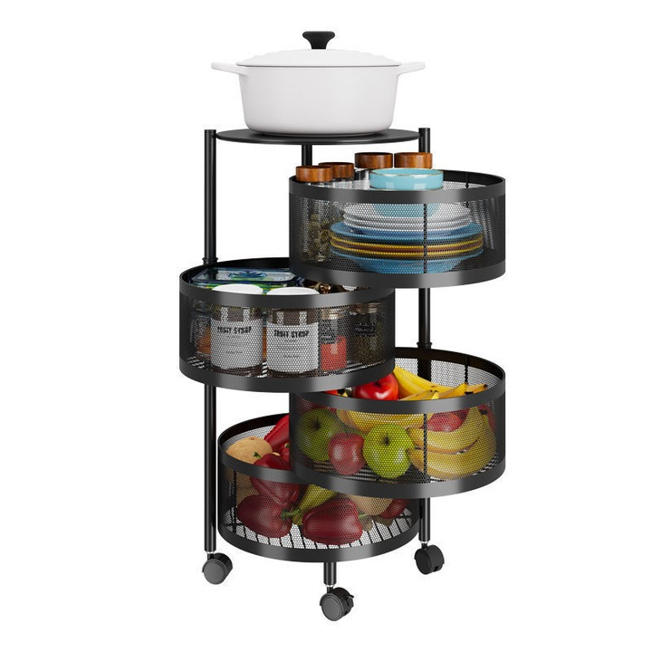 Raft cu roti, NEVERMORE, Pentru Bucatarie, Dormitor, Living, Balcon, Baie, Birou, 4 niveluri, 70cm, Negru