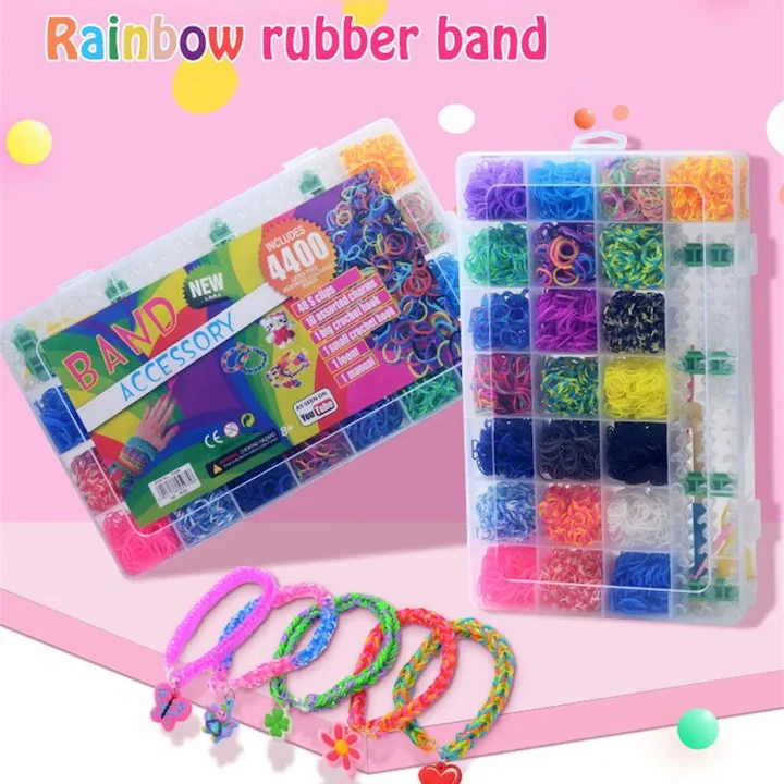 Set creativ DIY cu accesorii pentru realizarea bratarilor din elastic, NEVERMORE, 4400 piese, Multicolor
