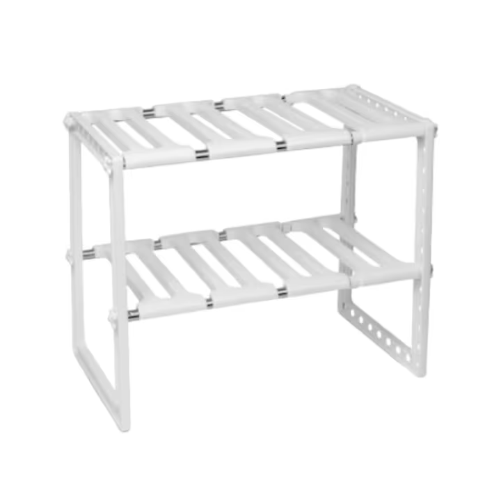 Raft organizator extensibil cu 2 etaje pentru spatiul de sub chiuveta, organizator blat bucatarie, birou, baie, NEVERMORE, 47-65 x 26 x 38 cm