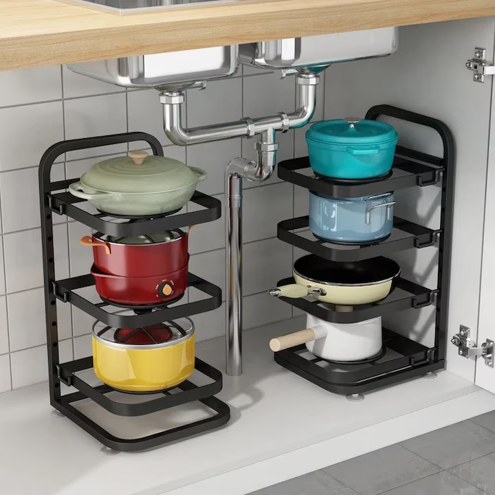 Raft Organizator Reglabil pentru 5 Cratite, Oale si Tigai, pentru dulapul bucatarie, 27x26x52 cm, Negru