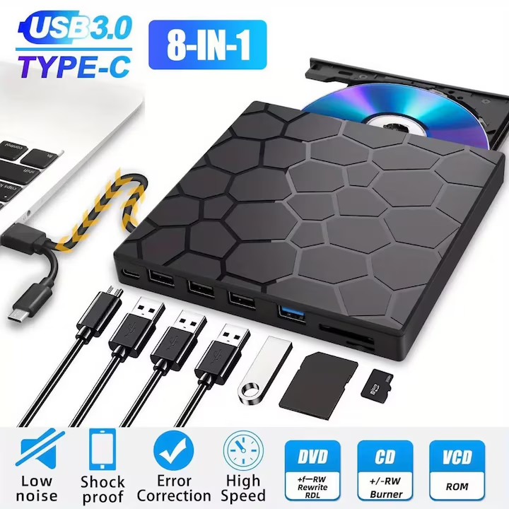 DVD Writer Extern, NEVERMORE, Cablu USB 3.0/Type-c, CD, DVD +/-, RW, 3x USB-A 2.0, 1x USB-C 3.0, Cititor De Carduri TF SD, Compatibil laptop, PC, desktop, Mac Os, Windows 11/10/8/7, Linux OS, Negru