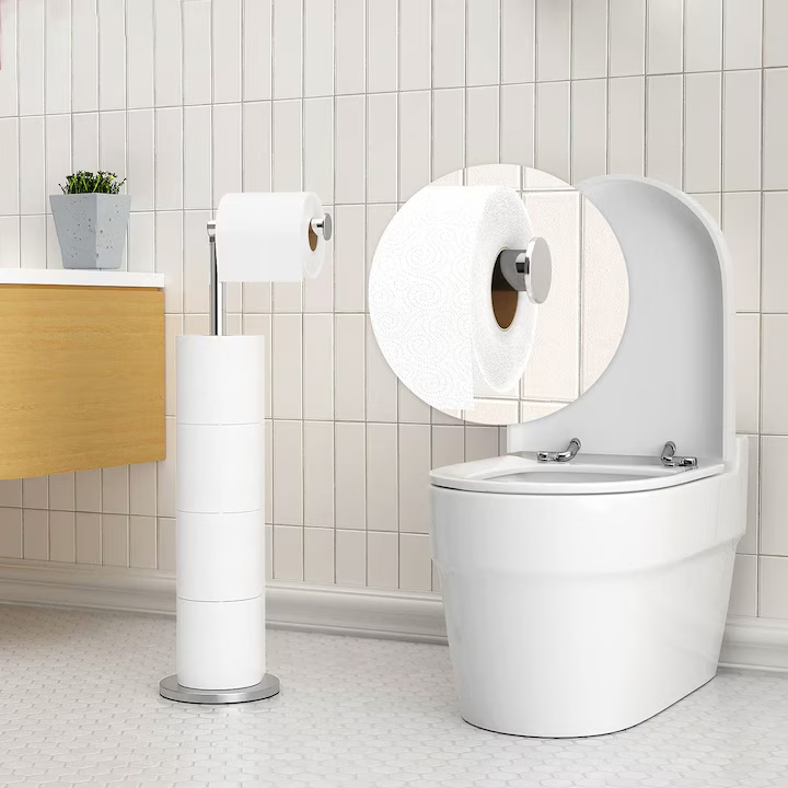 Suport hartie igienica, Inox, Inaltime 55.5 cm, Baza stabila, Argintiu