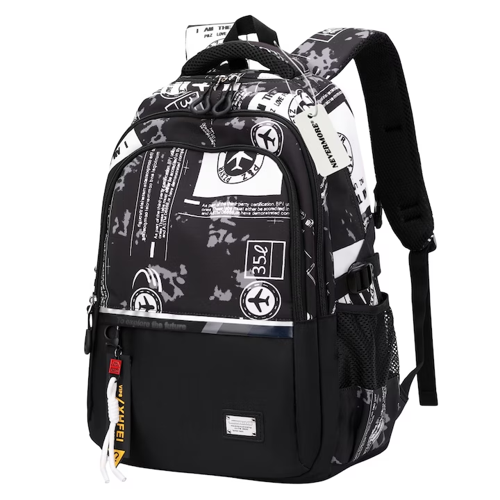 Ghiozdan scoala, NEVERMORE, Logo avion, Stil simplu pentru calatorie si scolar, capacitate mare, 48 x 33 x 19 cm, Negru