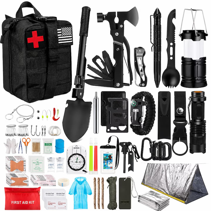 Set Supravietuire 43 in 1, Trusa Prim Ajutor, Cadou pentru Barbati, Tata, Sot sau Iubit, Topor Multifunctional, Lopata Pliabila, Lanterna, Busola, Pentru Camping, Drumetii si Pescuit