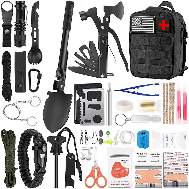 Kit Supravietuire 34 in 1, cu Lopata Pliabila, Topor Multifunctional, Lanterna, Trusa Tactica de Prim Ajutor, pentru Camping, Drumetii si Pescuit, Cadou Barbati, Tati, Soti si Iubitori de Aventura, Negru