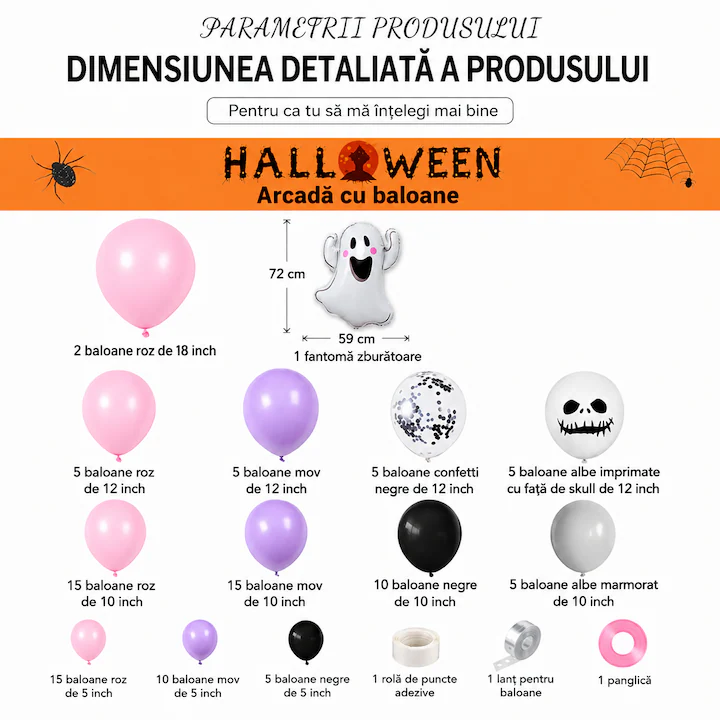 Set decoratiuni Halloween 101 piese, baloane latex si folie, fantoma, baloane imprimate, confetti, accesorii complete pentru petreceri si decor