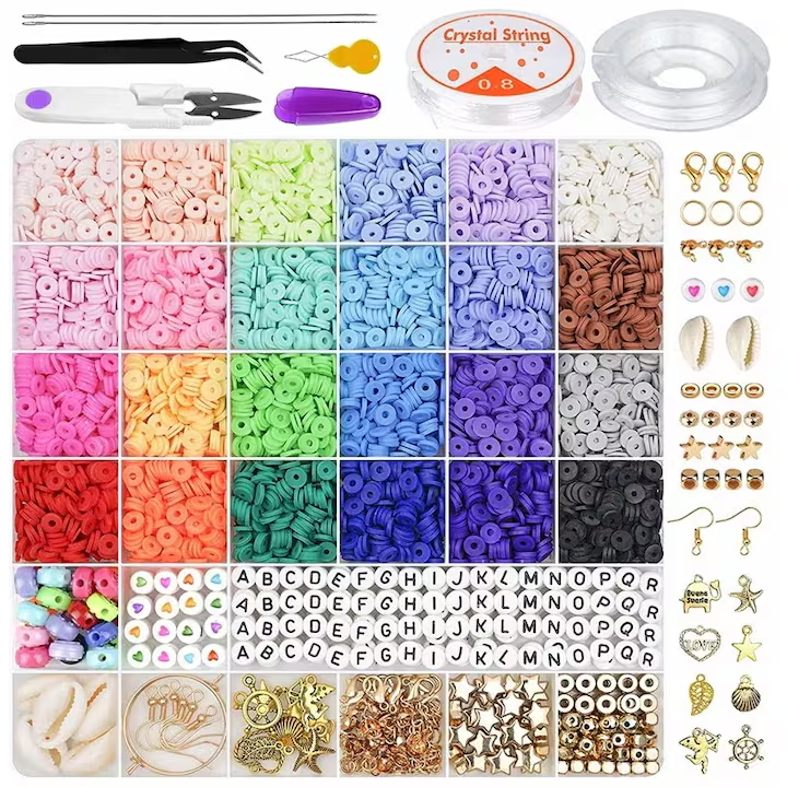 Set 6000 de margele din argila in 24 de culori, NEVERMORE, pentru realizarea bratarilor DIY, accesorii incluse, multicolor