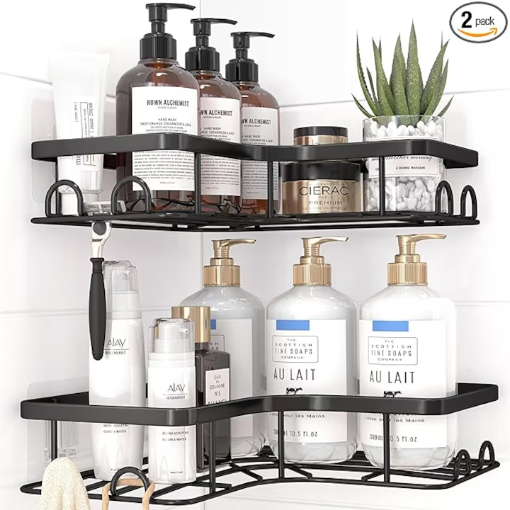 Set 2 Raft de Dus Organizator Baie, Etajera de Colt Pentru Baie, Din Otel Inoxidabil, cu 4 Carlige 4 Adezivi si 2 Cutii de Depozitare, Fara Gaurire, Negru Mat