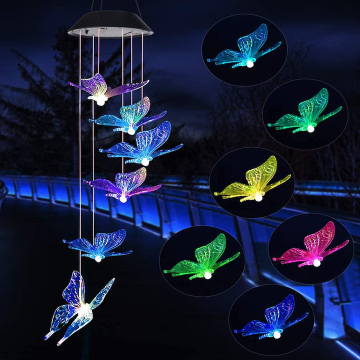 Lampa solara, NEVERMORE, Clopotei de vant, 6 fluturi, Incarcare cu solar, Impermeabil, Multicolor
